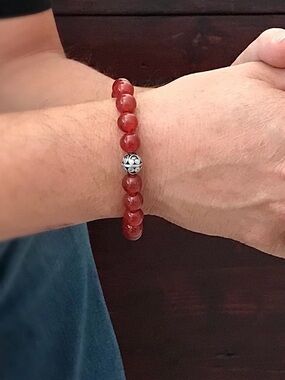 Carnelian Gemstone Beaded Stretch Bracelet Sterling Silver Unisex 10mm 8 inch